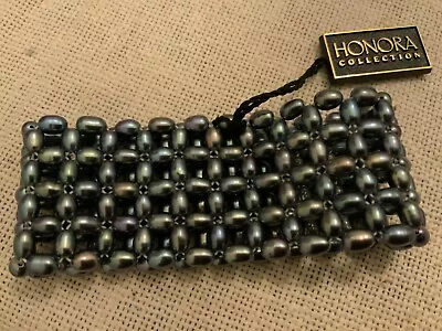 New Honora Gray Black Peacock Cultured Pearl Wide Flexible Bracelet QVC NWT • £71.35