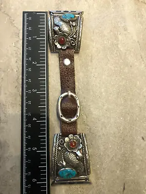 APPLE Watch Band Sterling Silver Turquoise And Carmelian Authentic Leather Band • $400