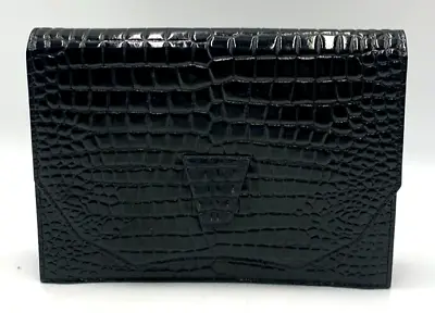 Auth Yves Saint Laurent Black Leather Clutch Bag YSL Croco Embossed Vintage Rare • $215