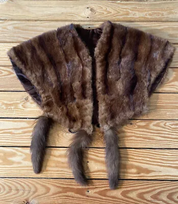 Vintage Women’s Real Fur Shrug Shawl Scarf With Fur Tassles Size S Brown H2 • $134.10