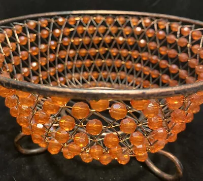 Vintage Metal Wire Woven Orange Beaded Basket. • $15