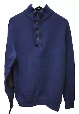 Barbour 100% Wool Knit Sweater Size L Jumper 1/4 Zip Button Navy Elbow Patches • £29.99