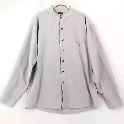 Bruno Mens Button Shirt L Gray White Houndstooth Peached Long Sleeve Band Collar • $16