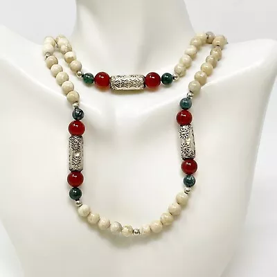 Vintage 925 Sterling Carnelian Agate Gemstone Beaded Necklace Boho Southwest • $29.99