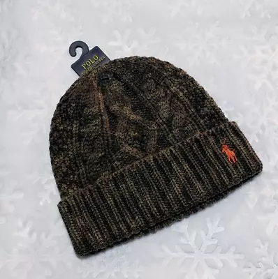 NWT POLO Ralph Lauren LODEN KNIT BEANIE Cuff OLIVE CAMO Wool Blend Cap ADULT OS • $69.92