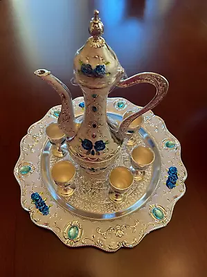 New 8 Piece Metal And Enamel Jeweled Roses Turkish Coffee Tea Set • $44.99