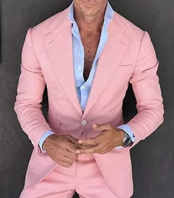 Pink Men Linen Suit Summer Casual Slim Fit Prom Dinner Groom Tuxedo Suit Custom • $84.55