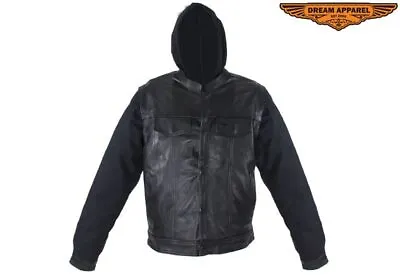 Men's Motorcycle Black Leather Fashion Jacket Removable Canvas Sleeves & Hoodie • $113.04