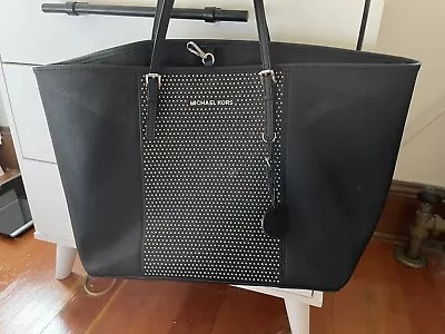 MICHAEL KORS Microstud Center Stripe Travel Tote Black Saffiano Leather Bag • $40