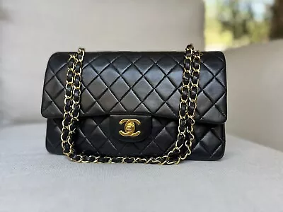 CHANEL Vintage Black Medium Classic Double Flap Bag 24k Gold HW • $5199