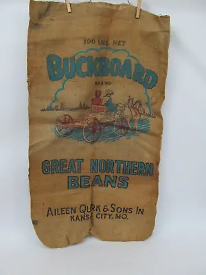 Vtg Burlap Sack 100lb Advertising Bag Buckboard Beans Western Horse Wagon Motif • $69.99