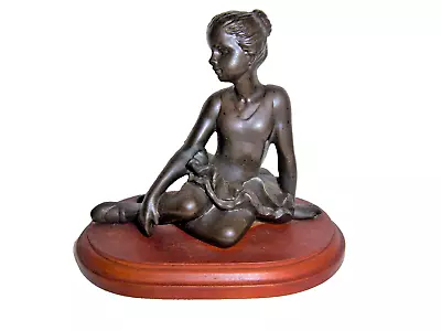 COLD CAST BRONZE RESIN BALLERINA ON WOODEN PLINTH FIGURINE - H. 5 Inch  (13 Cm) • £5.50