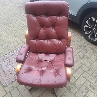 Vintage Danish Leather Swivel Armchair Red Brown Scandi Denmark 1970 5 Prong • £299