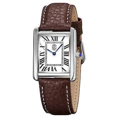 Classic Mens Tank Rectangular Pierre Lucerne White Dial Brown Leather Band Watch • $159.99