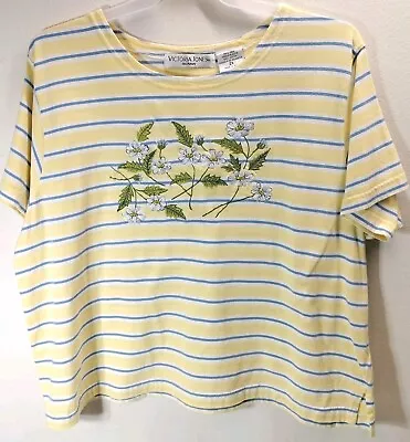 Victoria Jones Womens Shirt Blouse Top Size 2X Yellow Striped Floral Embroidered • $6.74