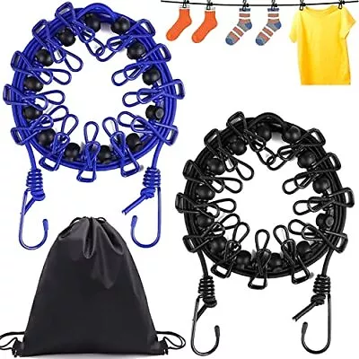 Clothesline With 12pcs Clips Windproof For Out&Indoor Use 2 Pack (Black+Blue) • £13.88