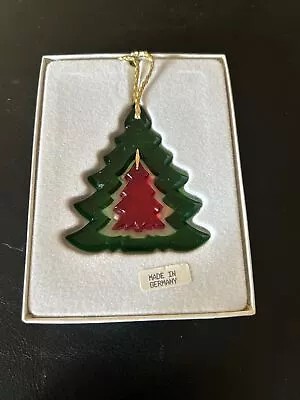 Vtg Double Hung Glass Christmas Tree Green & Red Made In Germany Gold Accent • $9.99