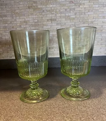 Martha Stewart Everyday Vaseline Style Glass Footed Water Goblets Tea Glasses 2 • $25