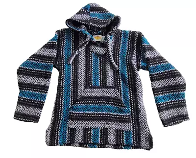 Earth Ragz Unisex M  Drug-Rug  Mexican Hoodie Blue White Black • $19.99