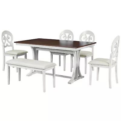 6PCS Dining Table Set With Round Back Dining Chairs + Bench Cherry+Antique White • $799.99