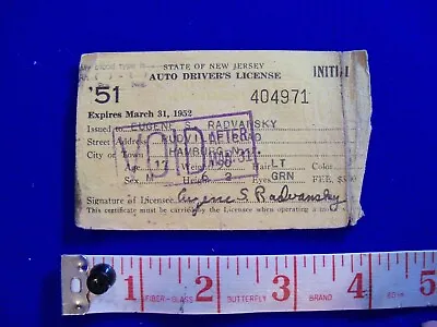 Vtg 1951 -1952 New Jersey DRIVER'S LICENSE NJ Auto Motor Vehicle DMV • $4.99