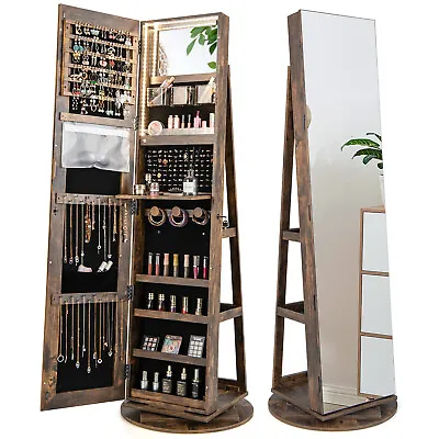 Giantex Mirror Jewelry Cabinet 360° Rotating Lockable Armoire 3 Color LED Modes • $213.95