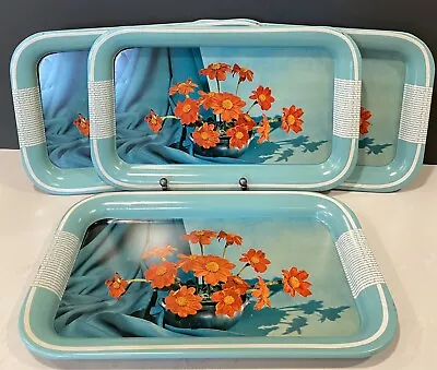 **Lot Of 4 Mid Century Vintage Floral Shabby Chic Metal Tin Trays - 14x9  ** • $59