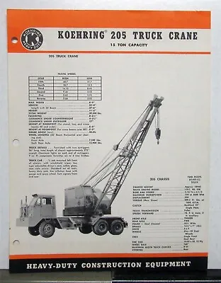 $13.50 • Buy 1960 Koehring 205 Truck Crane Specifications Capacities Sales Data Sheet