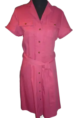 PAUL BERMAN Rose Pink Linen Blend Belted Land-girl Military Shirt Dress UK 12 • £9.95