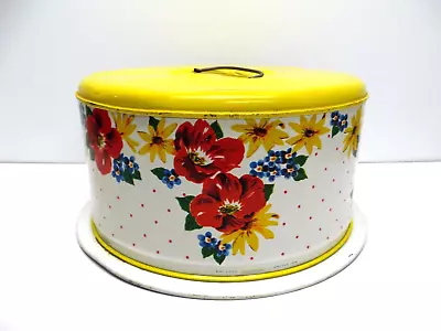 Vintage Yellow Cake Carrier Keeper Server Locking Lid Metal Bright Multi Flowers • $24