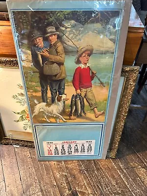 Vtg 1940 Adv Calendar Sign Boy Dog TROUT Fishing Fish Print Sport Artwork • $170