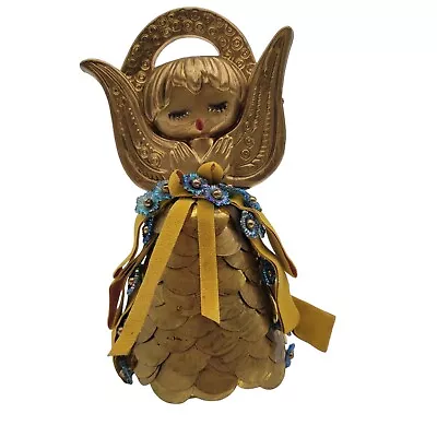 Vintage MCM 60's Mod Retro Angel Figurine Gold Blue Sequins 7 Inch Handmade • $19.88