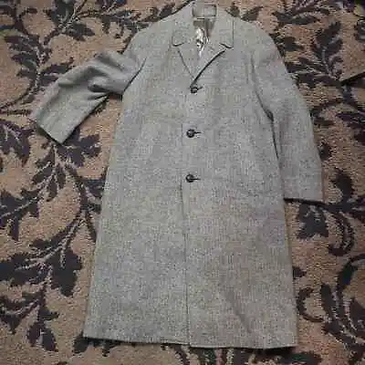 Vintage Harris Tweed Harringbone Pure Scottish Wool Mens L/XL Trench Coat Tan • $99.99