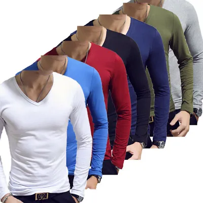 Mens Long Sleeve V-Neck T-shirt Stretch Undershirt Casual Solid Slim Fit Tops • $11.02