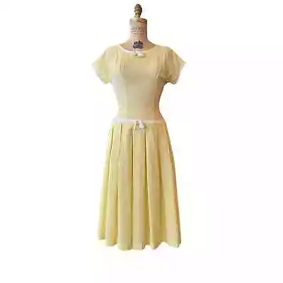 1950s Summer Dress Yellow Pinstriped Vintage 50s Dress Full Skirt Fit Flare • $68