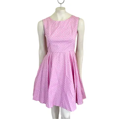 FIFTIES 50s CHIC Fit & Flare Sleeveless Polkadot Dress Pink White WOMEN'S SMALL • $25.95