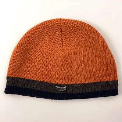 Thinsulate 40 Gram Cotton Knit Winter Hat Orange With Gray Blue Stripe • $16.66