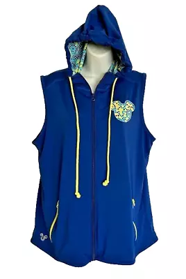 Disney Parks Hoodie Top Zip Vest L Blue Yellow Mosaic Sleeveless Mickey Mouse • $15.99