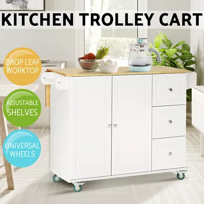 Kitchen Trolley Workbench Island Serving Cart Bar 3 Drawers Wooden White • $545.99