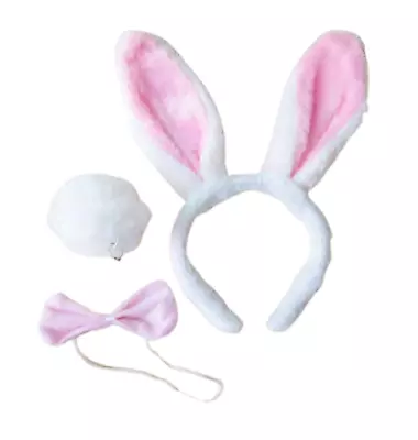 White Bunny Pink Ears Headband With Bow Tie & Tail Easter Rabbit Set Fancy Dress • £4.99