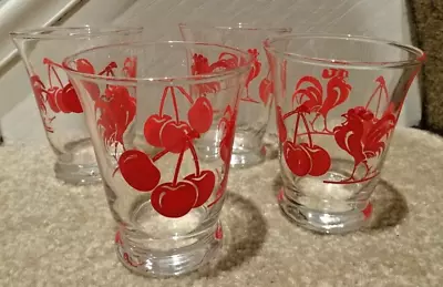 Vintage LIBBEY RED CHERRY ROOSTER JUICE 4 Oz GLASSES Set Of 4 • $12