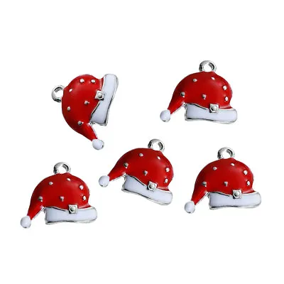 5 Red Father Christmas Santa Hat Charms Xmas Silver Tone + Enamel 18mm J81770P • £4.59