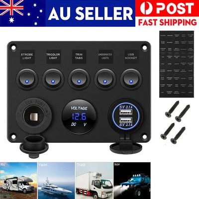 $25.98 • Buy 5 Gang 12V Rocker Switch Panel For Car Boat Marine LED USB Charger ON-OFF Toggle