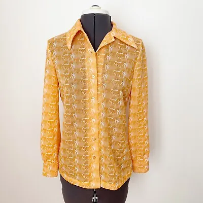 Vintage 70s Shirt Womens S/M Orange Mod Groovy Secretary Polyester Top Button Up • $18.99