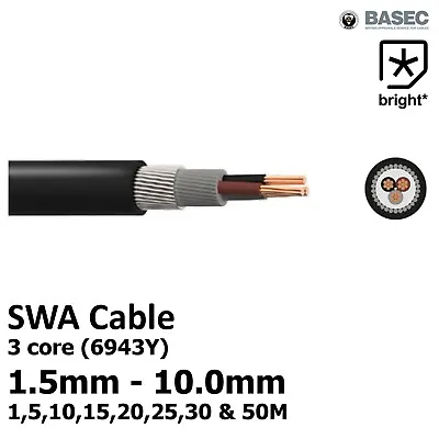 £357.97 • Buy SWA Steel Wire 3 Core Armoured Cable 1.5, 2.5, 4.0, 6.0 10mm Outdoor 6943X