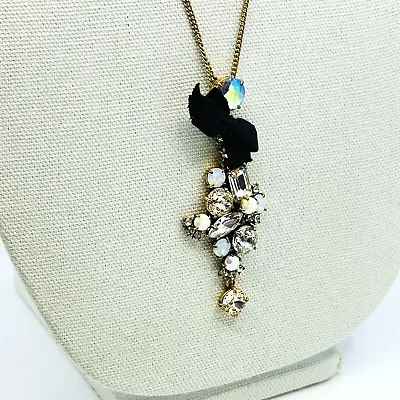 J. Crew Necklace Asymmetrical Crystal Pendant Black Bow Gold Tone Jewelry NWT • $34.95