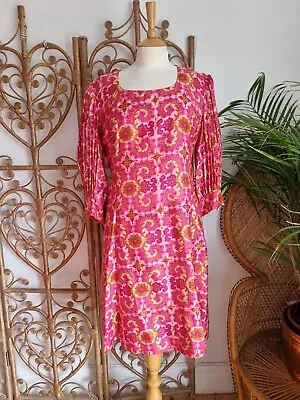 Vintage Pink Psychedelic Raw Silk 60s Mini Dress M • £39.99