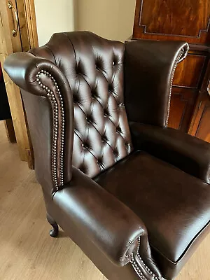 Dark Brown Leather Chesterfield Armchair Made In England Excellent Condition • £329.99