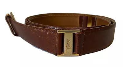 YSL Yves Saint Laurent Brown Cowhide Leather Belt Size 38 Gold Buckle Vintage • $99.97