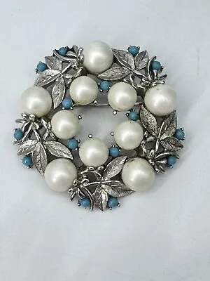 Sarah Coventry ALASKAN SUMMER Faux Pearl Turq Silver Wreath Brooch MCM Vintage • $16.99